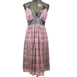 MAXANDCLEO Womens (4) Halter Silk Chiffon Dress Pink Brown Boho Cocktail Midi